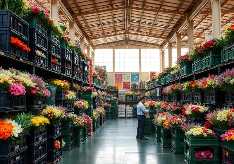 Flower distribution warehouse with crates of fresh flowers
